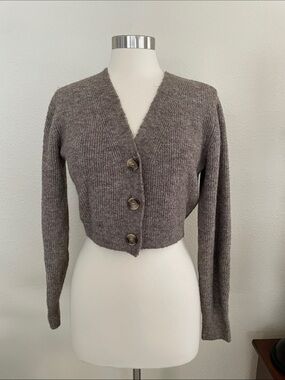 H&M Cropped V-Neck Button Cardigan - Taupe brown